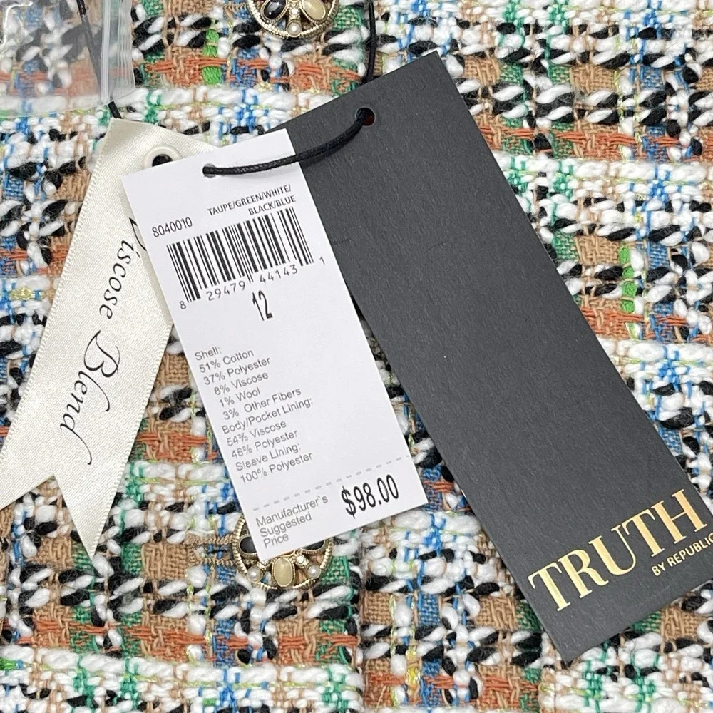 Truth by Republic Women's 12 Tweed Button Up Lined Preppy Workwear Blazer Jacket